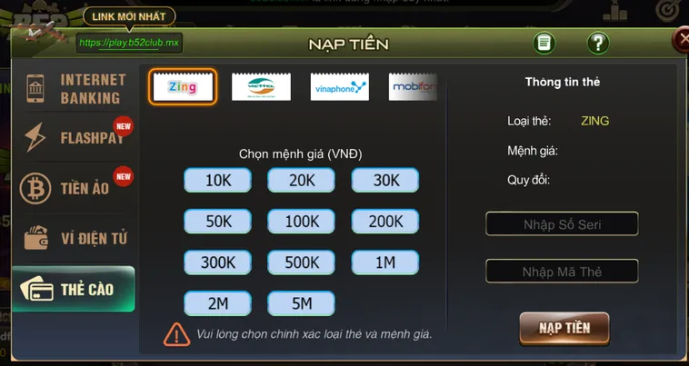Nạp tiền thẻ cào an toàn tiện lợi bảo mật tại B52.